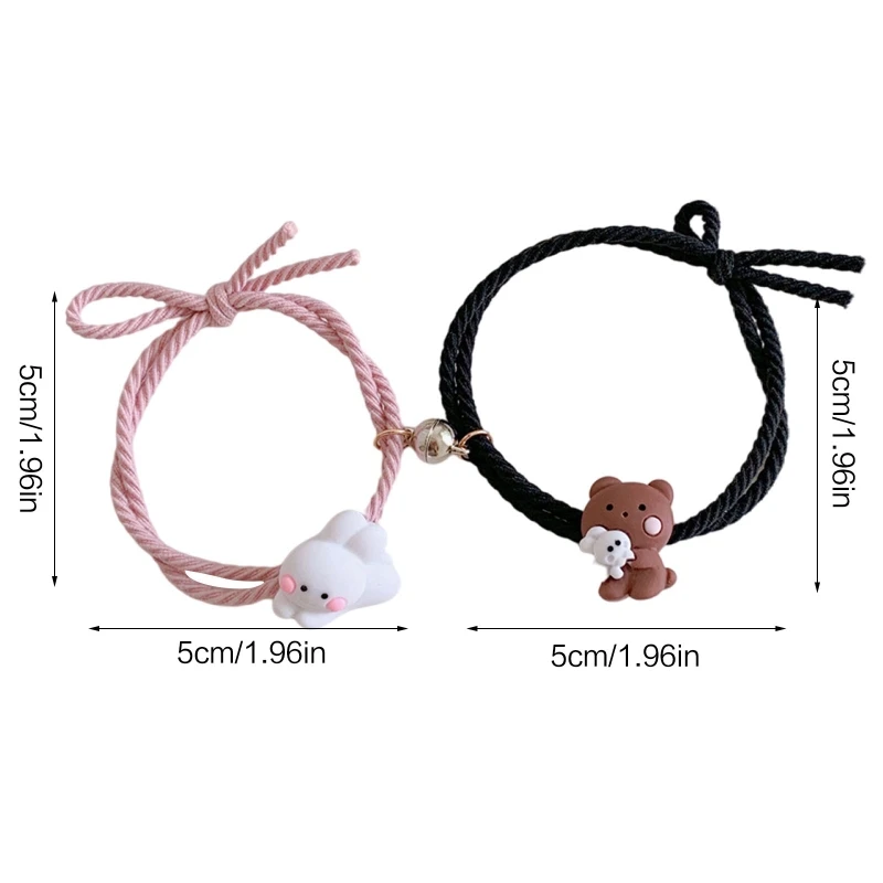 2pcs/set Mutual Attraction Elastic Rope Bears &amp Rabbits Friendship Bracelet Hand Hair Ring Gift for Valentine's Day BF - купить по
