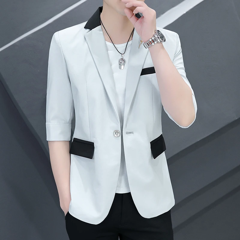 

Brand Summer Seven-sleeve Suit Jacket Men's Thin Stitching Suit Collar Youth Slim Single West Jacket S-3XL Mens Suit Jacket Blaz