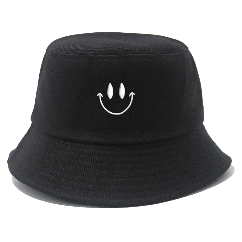 

Панама с вышивкой и улыбающимся лицом, хлопковая модная однотонная шапка унисекс, черная, белая, для мужчин и женщин, пляжные шляпы от солнца