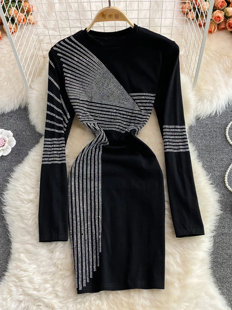 

Fashion Solid Color Trend Diamond Dress Women's New Slim O-neck Long Sleeve Evening Dresses Female 2022 Autumn