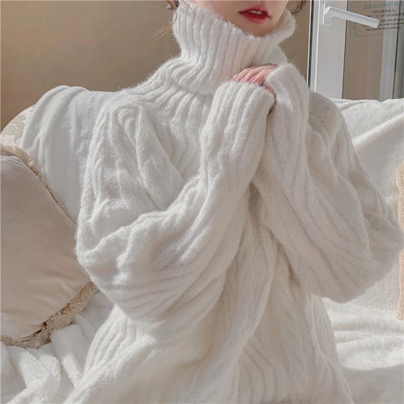

2021 Winter New Casual Lazy Style Women's Turtleneck Pullover Sweater Korean Chic Elegant Sweet Knitted Sweaters Solid Color