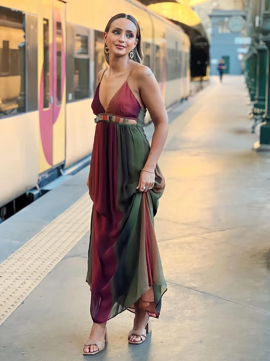 

Elegant Colorful Beading Maxi Dress For Women Summer Sexy Deep V-Neck Sleeveless Backless Long Vestidos New Beach Style Dresses