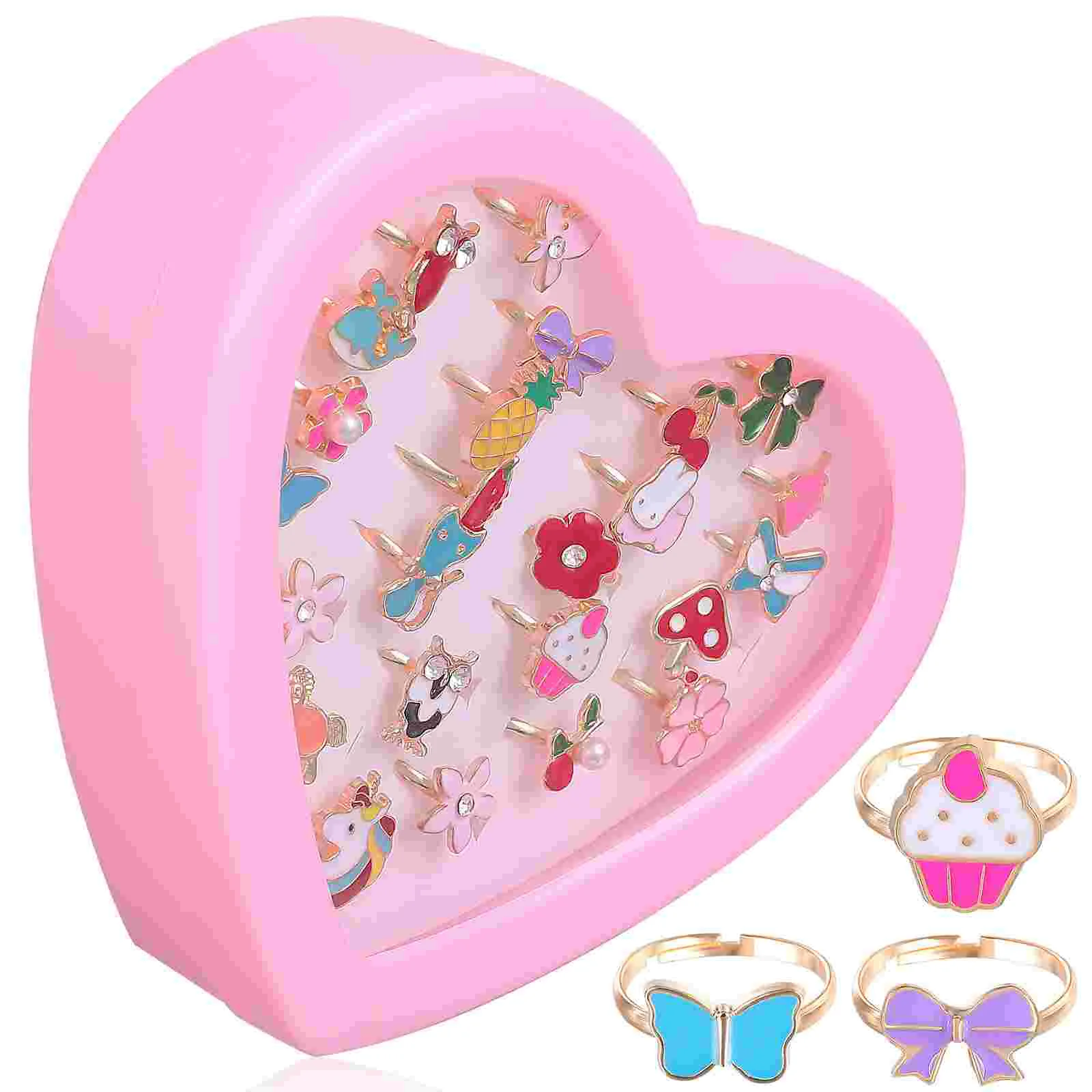 

24 Pcs Girls Cartoon Finger Rings Dress-up Rings Adjustable Rings Jewelry Gifts with Storage Case