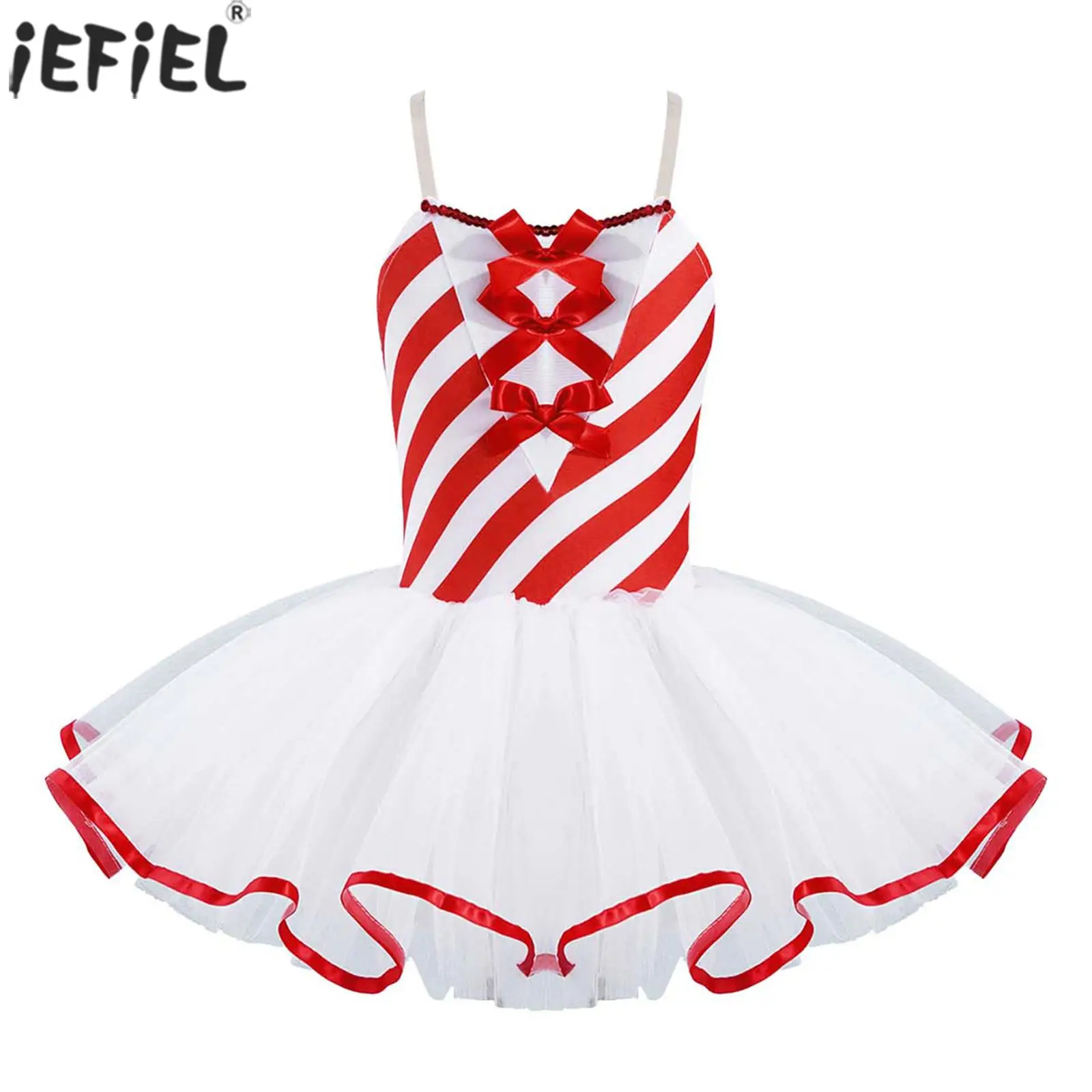 

Kids Girls Christmas Dance Dress Candy Stripes Print Mesh Tutu Prom Party Princess Gymnastic Ballet Leotard Performance Dresses