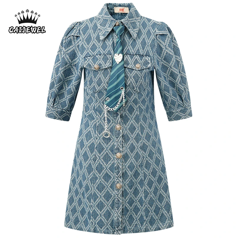 

Women's Clothing Denim Dress Necktie Polo Collar Button Puff Short Sleeve Casual Fashion Vintage Baggy Short Skirt Ladies Summer