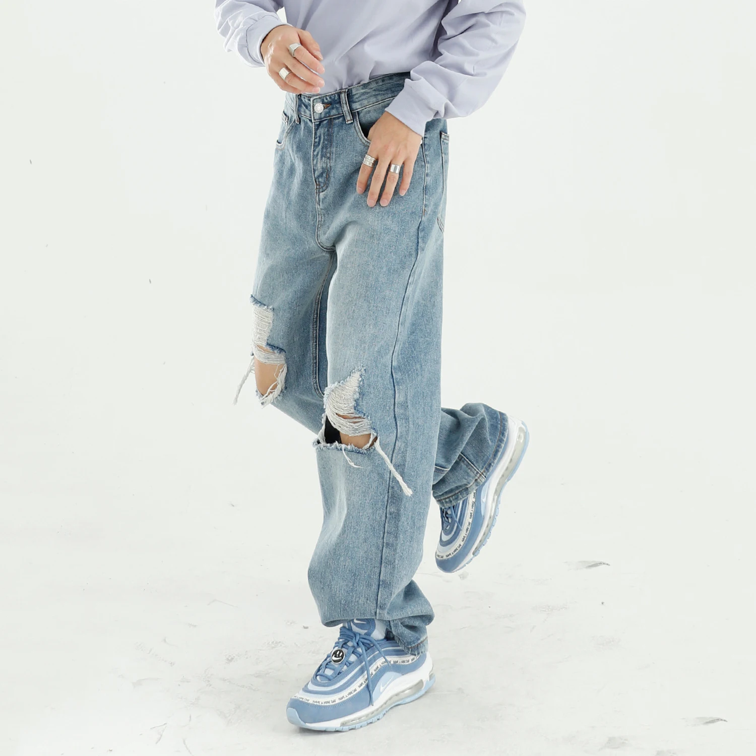 Men's Jeans High Street Ripped Mopping Pants Loose Washed Straight Casual Men's Loose Jeans Y2k Pants Men's Pants Ins Hot Sale