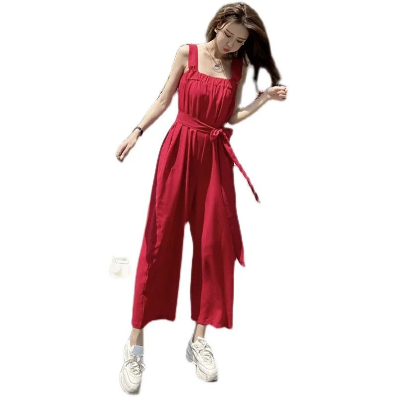 

Summer Korean Red Loose Wide Leg Thin Sleeveless Suspender Jumpsuit for Women