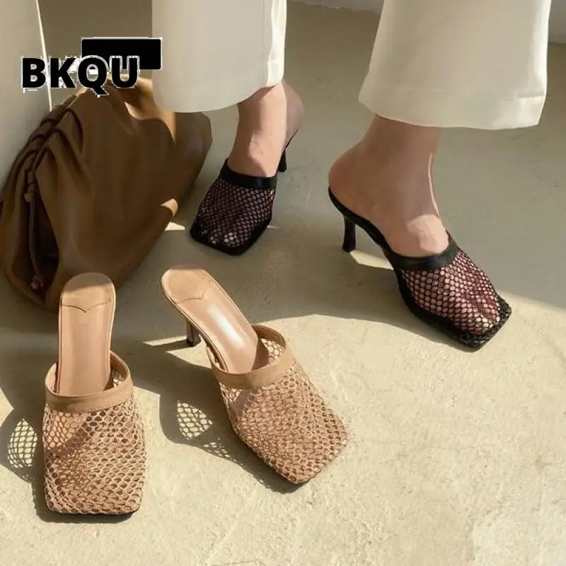 

Женские сетчатые туфли-лодочки, ажурные дышащие шлепанцы на тонком высоком каблуке, сандалии с квадратным носком, лето 2022