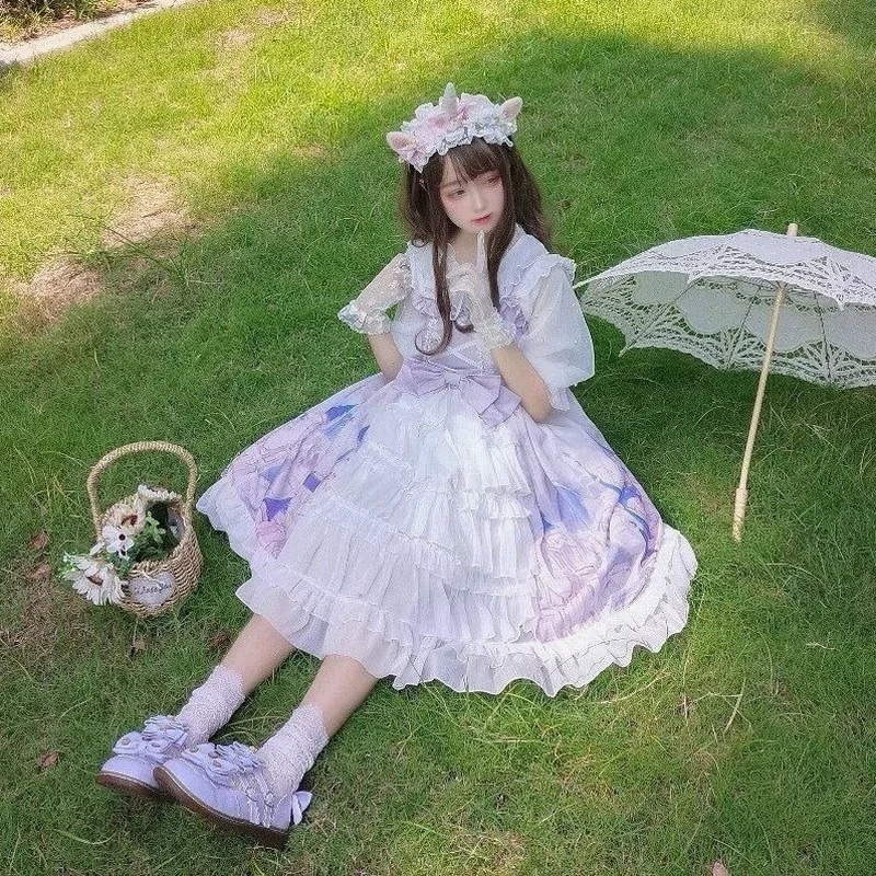 

Purple Princess Tea Party Sweet Lolita Sling Dress Retro Lace Bow Print Victoria Kawaii Girl Gothic Lolita Cos Visual Kei