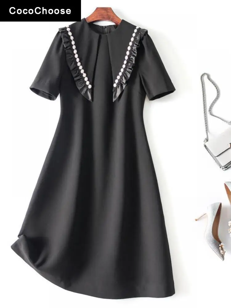 

Luxury Pearls Beading Designer Dress Summer 2022 Fashion Women Cute Peter Pan Collar Little Black Dresses Mini Party Vestidos