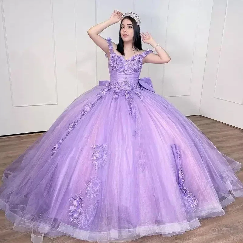 

Lilac Ball Gown Vestidos De 15 Anos Quinceanera Dresses Big Bow 3D Flower Appliques Cinderella 16 Princess Gowns