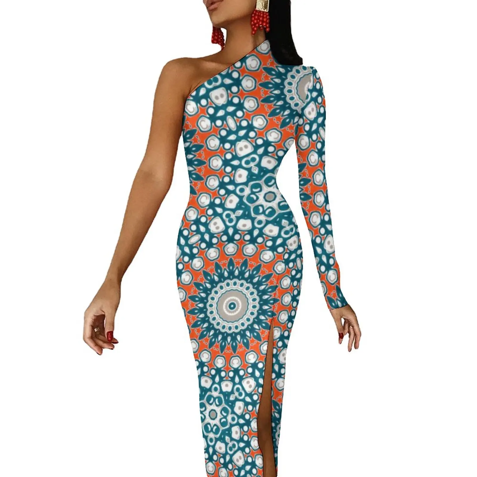 

Funky Mandala High Slit Bodycon Dress Womens Bohemia Design Sexy Maxi Dress Long Sleeve Aesthetic Print Dresses Birthday Gift