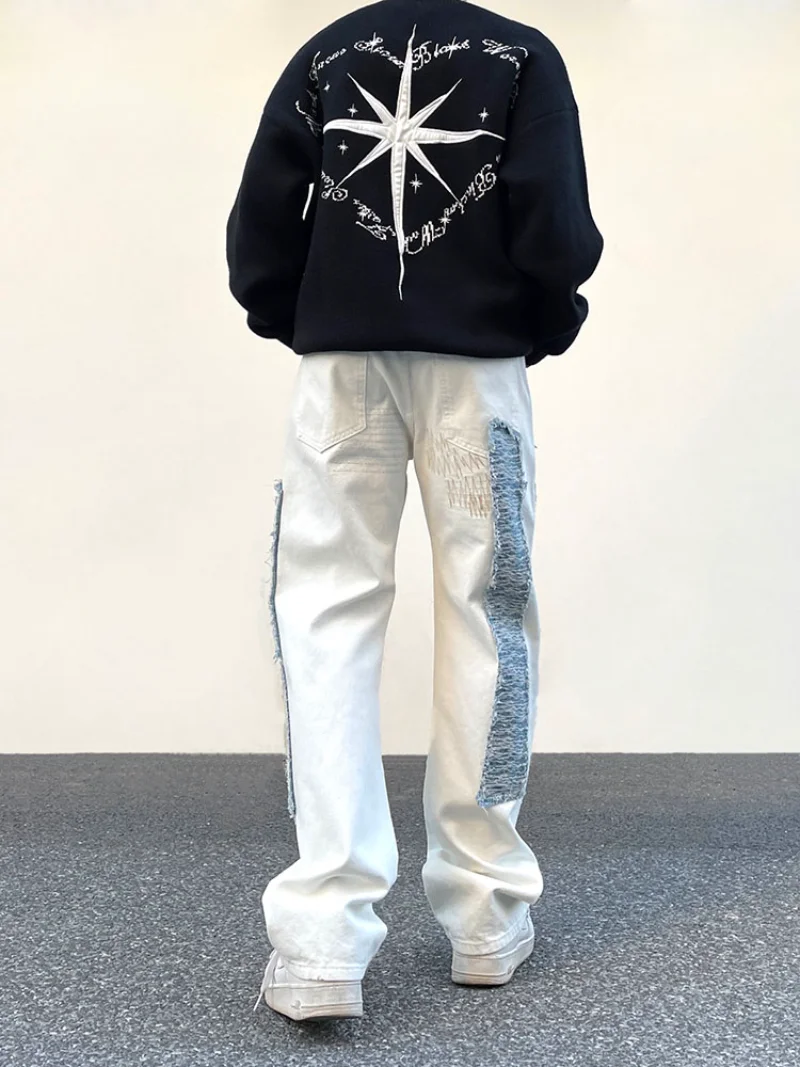 Irregular Sewing Scratched Patchwork Denim Jeans Men Casual Straight Biker Zipper Trousers Streetwear Hip Hop Jean Pants Joggers