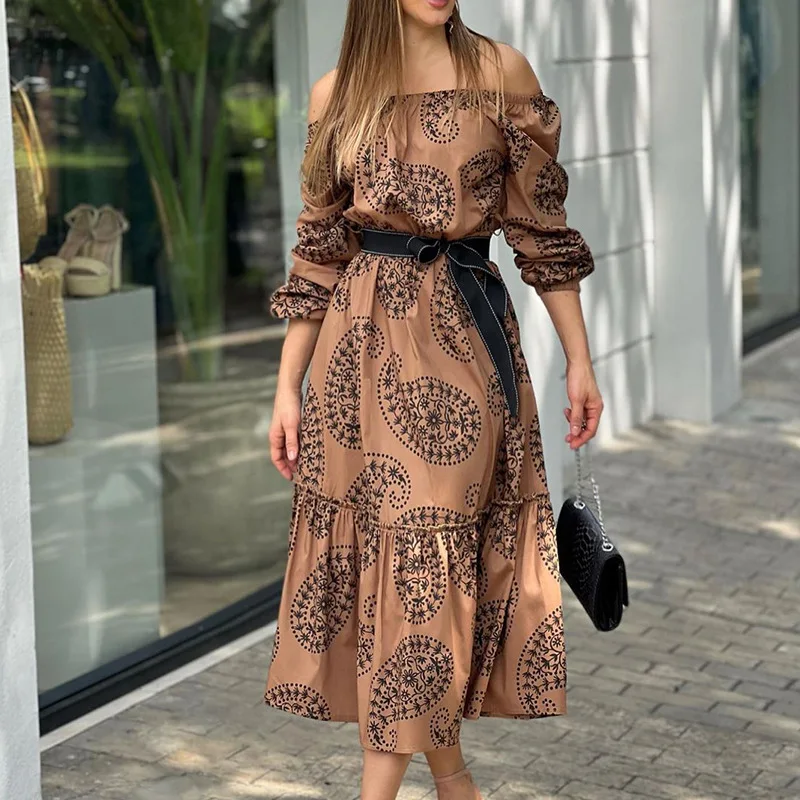 

Purple Brown Retro Boho Floral Sexy Off Shoulder Dresses Women Elegant Ladies A-LINE Mid-length Dress Spring Summer Fashion 2022