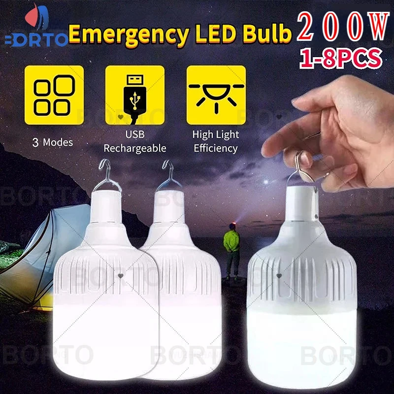1-8PCS Outdoor LED Bulb USB Rechargeable Portable Tent Lamps Battery Camping Lantern Emergency Lights Night Lamp Home Lighting