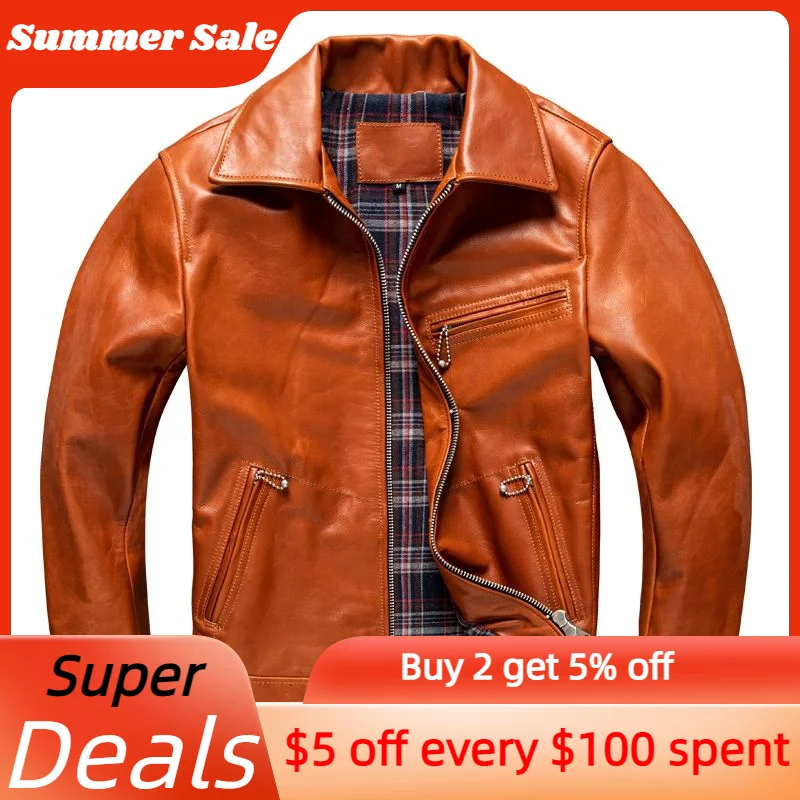 

Оранжевая Весенняя мужская куртка размера плюс 5XL в байкерском стиле из натуральной кожи, Осеннее приталенное короткое пальто из натуральной кожи