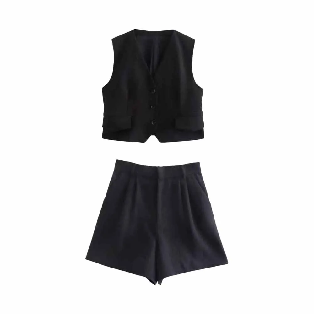 

URMASZA The New tops women 2022 linen V neck single breasted short sleeveless vests one piece spring summer suit Women's shorts