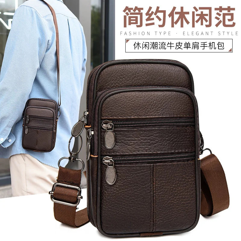 Real Cowhide Mobile Phone Bag Men's Waist Bag Multi Functional Casual Crossbody Small Bag Men's Waist Bag