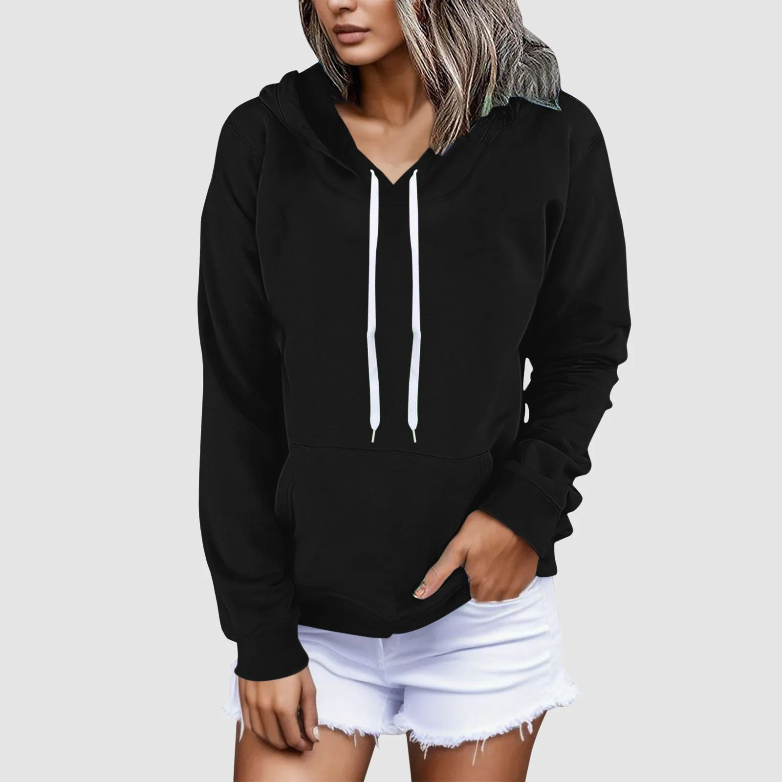 

Women Basic Solid Color Sweatshirt Casual Hooded Loose Hoodie Long Sleeve Daily Shirt Pockets Pullover Autumn Winter Clothes
