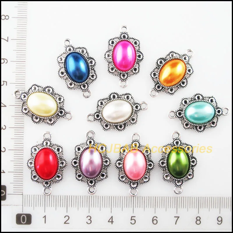 10 шт. тибетские посеребренные ретро овальные смешанные акриловые
