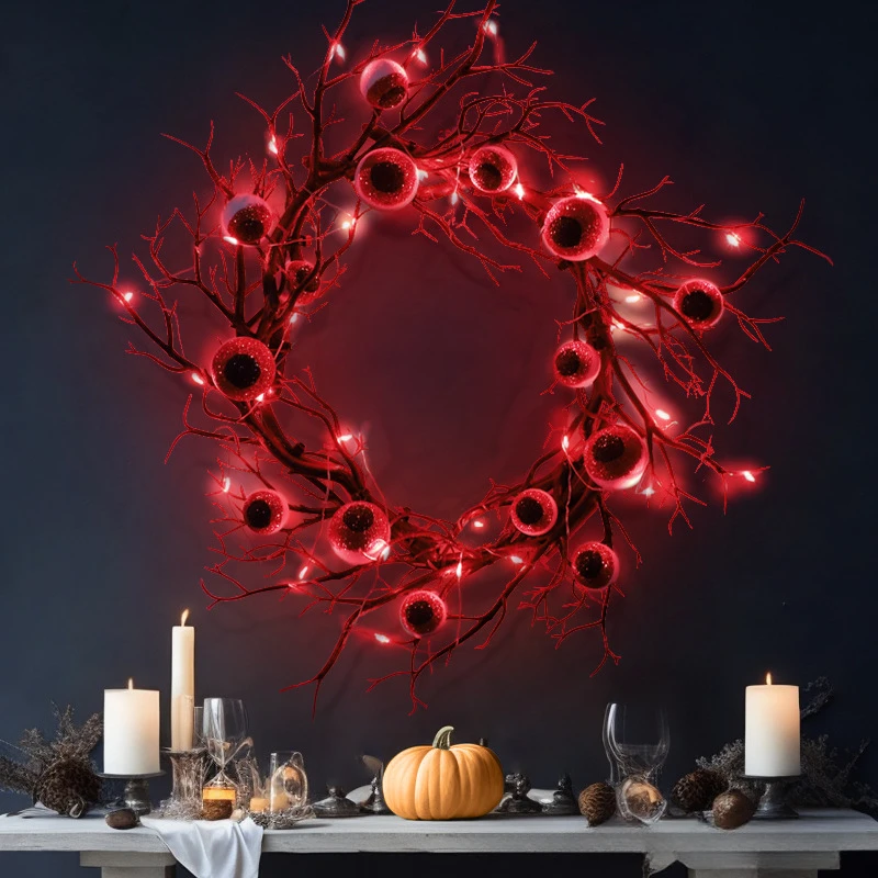 

Halloween Wreath Eye Ball Branch Wreaths With Red LED Light 42CM Wreaths Simulation For Doors Flower Garland Halloween Decoratio