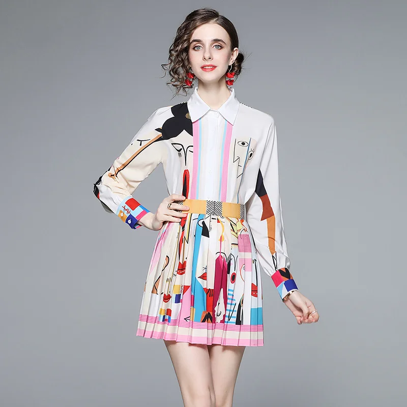 

2022 Runway Holiday Set Women Cartoon Graffiti Print Blouses and High Waist Pleated Mini Skirt Two Piece Sets Club Outfits N2962