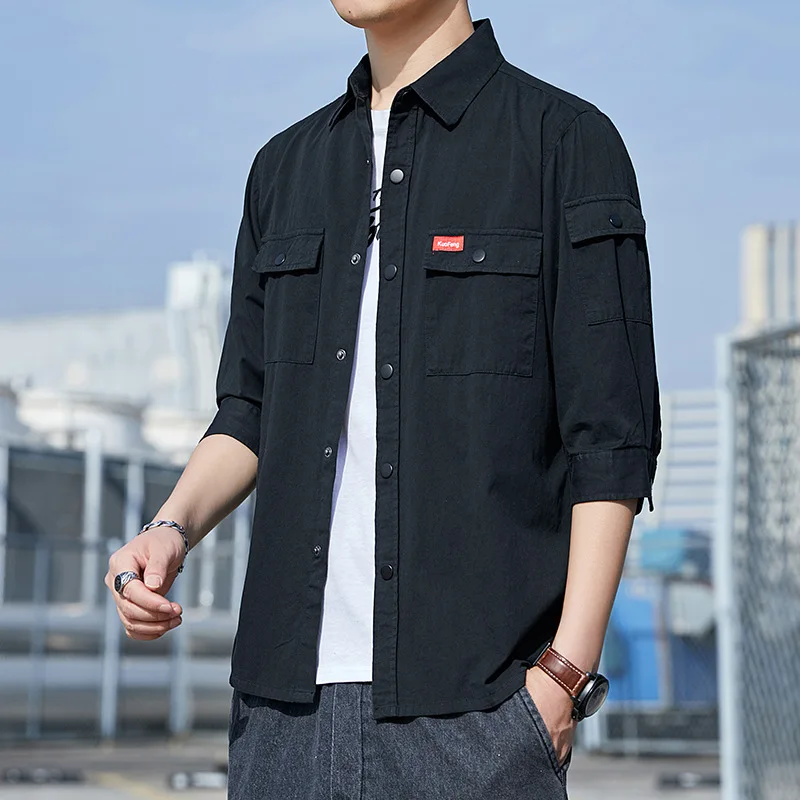 Summer Three-quarter Sleeve Shirt Jacket Men's Half-sleeved Korean Style Handsome Jacket Tooling Loose Casual Jacket 2022 New