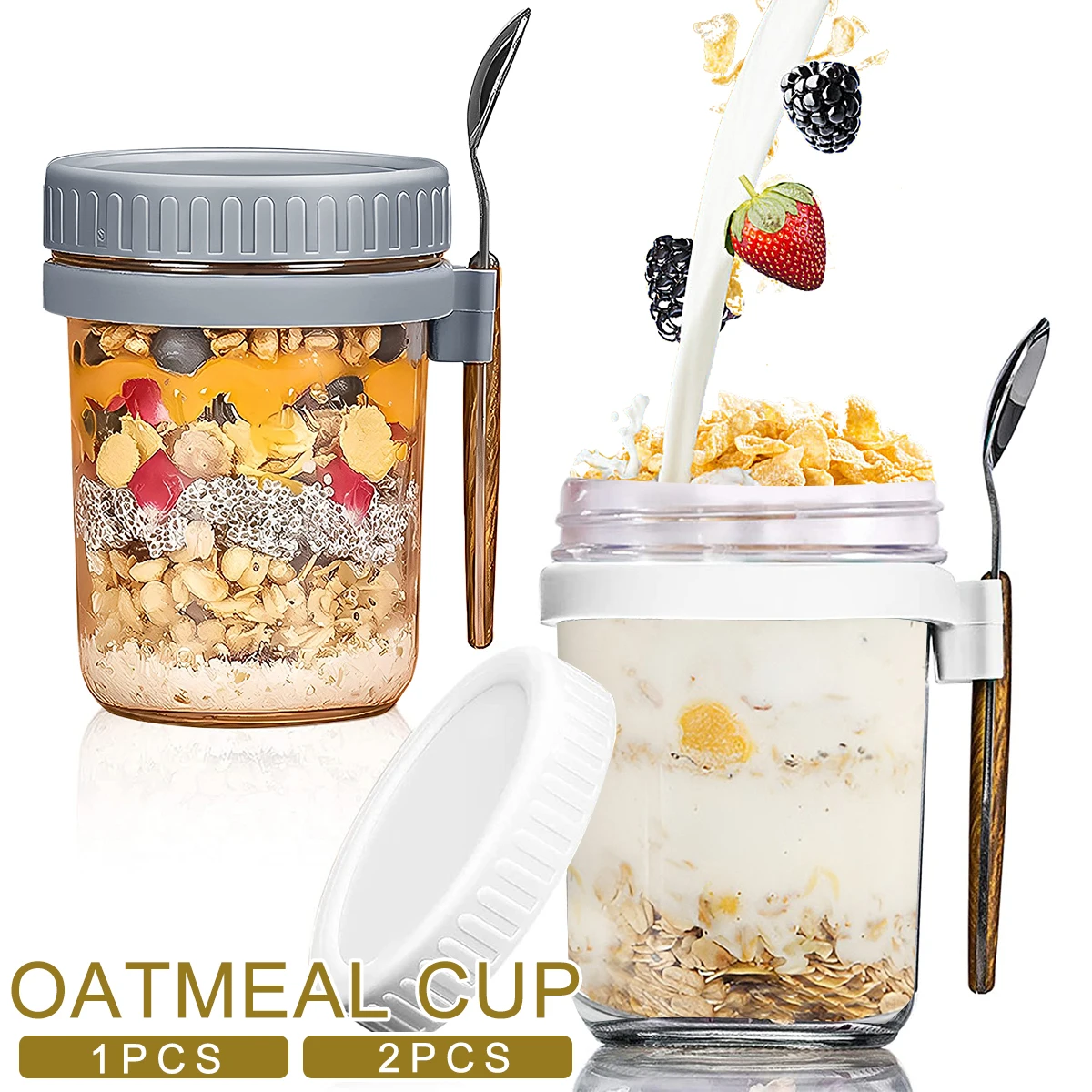

10 OZ Breakfast Cup with Lid and Spoon Overnight Oats Jars Milk Fruit Salad Food Storage Container Glass Mason Jars Kitchen Tool