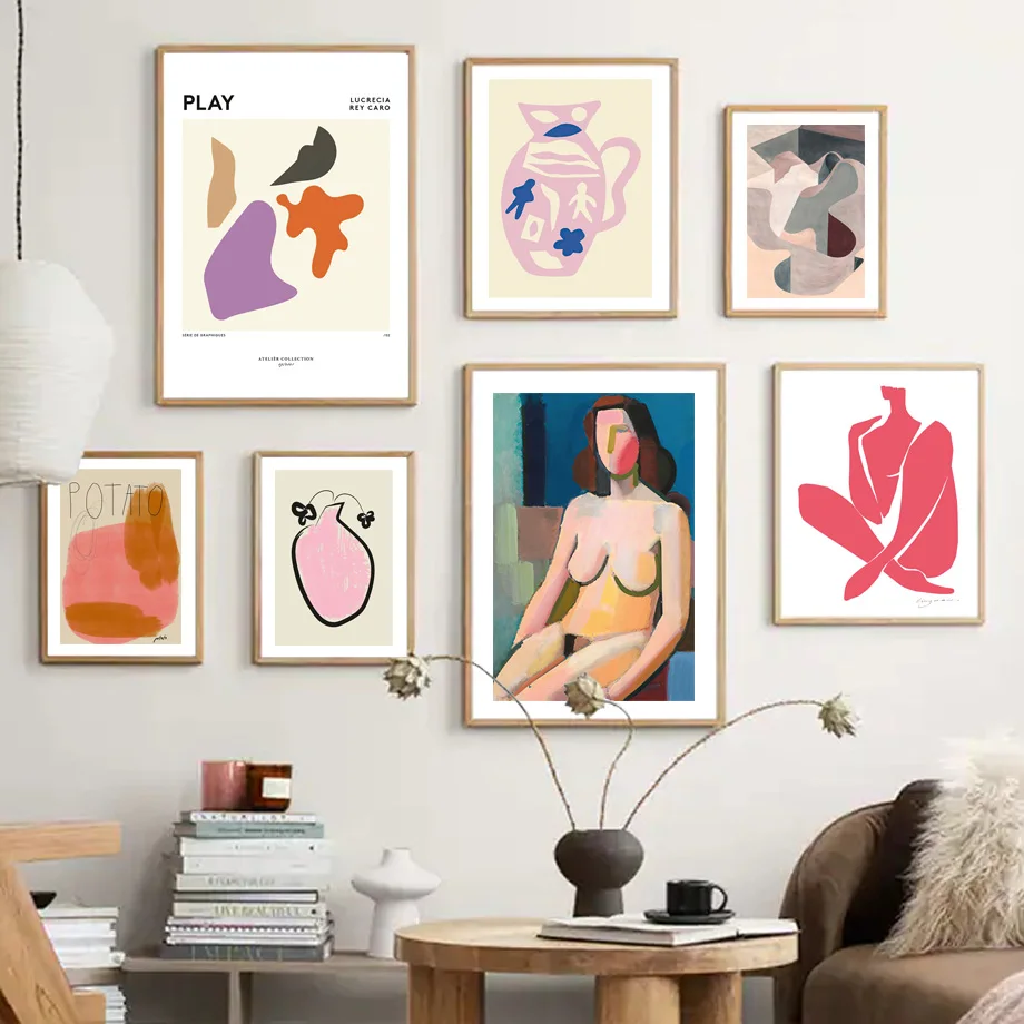 

Wall Art Print Canvas Painting Abstract Nude Woman Vase Geometry Cat Leaves Nordic Poster Wall Pictures For Living Room Decor