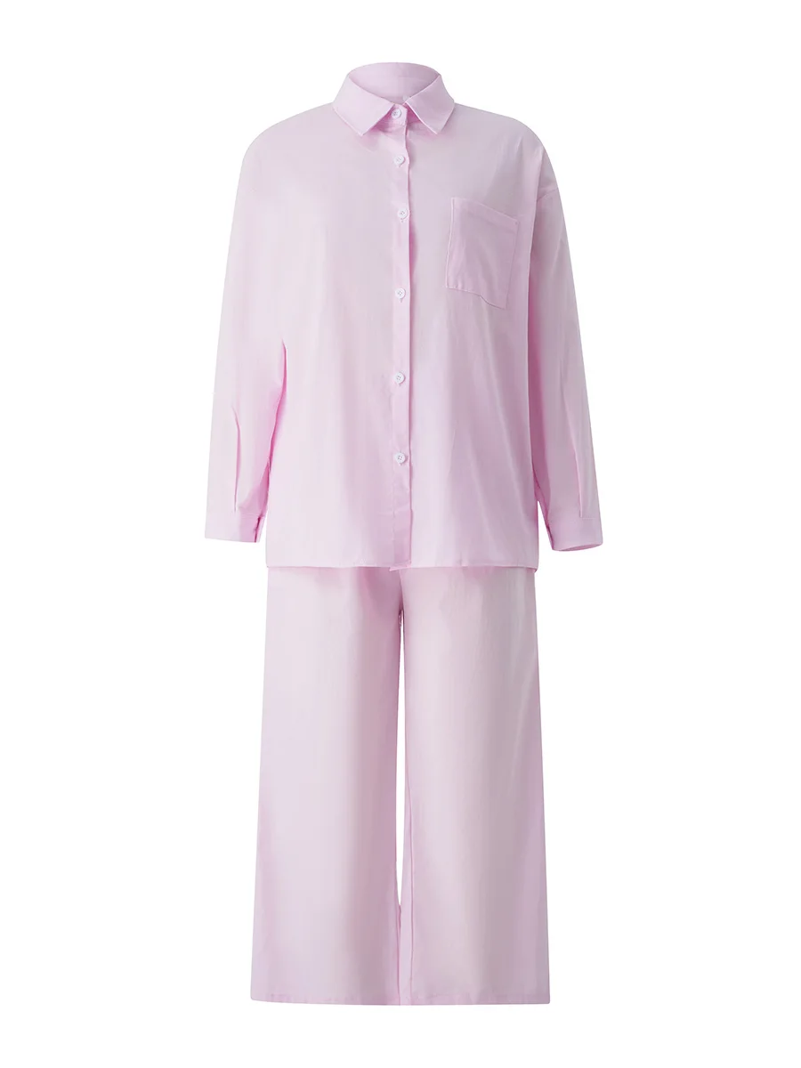 

Женский костюм из топа и брюк, рубашка с длинным рукавом и лацканами на пуговицах и длинные брюки, льняные комплекты для женщин из 2 предметов