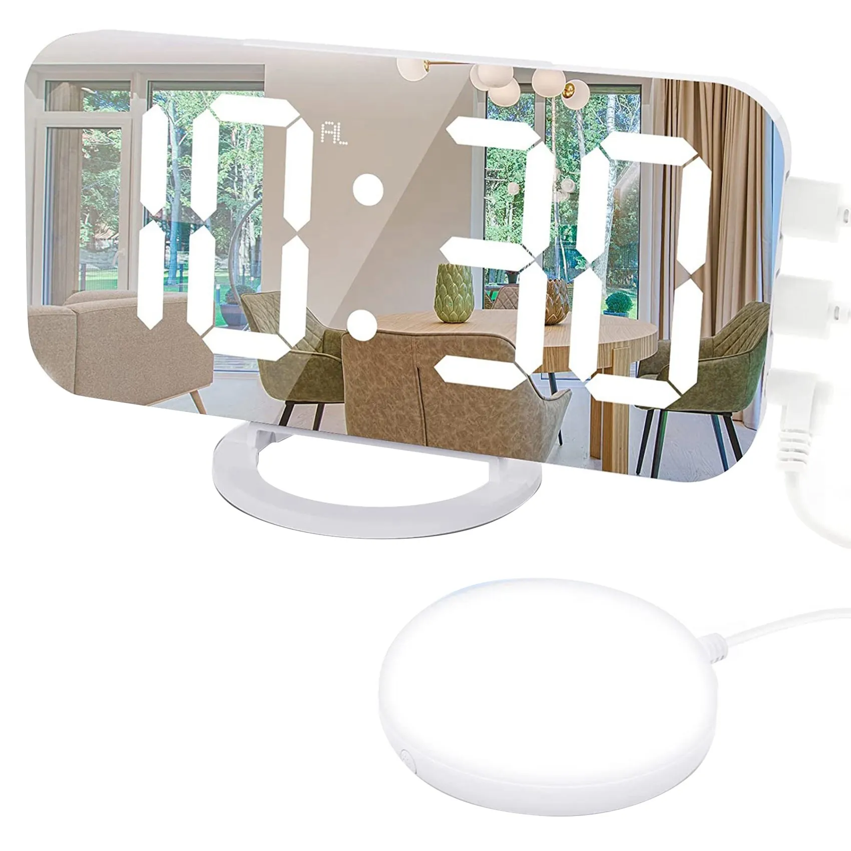 

Цифровой будильник, вибрирующий будильник, с 2 USB-портами для зарядки, 7-дюймовый светодиодный зеркальный электронный будильник, белый