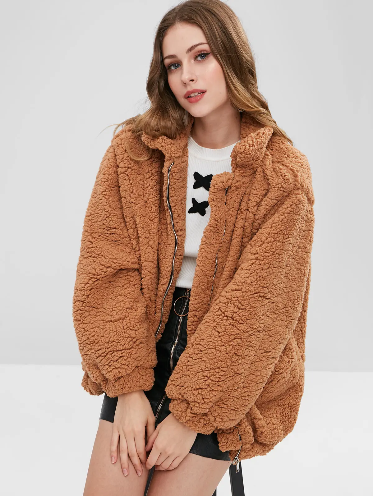 

ZAFUL Faux Shearling Pocket Fluffy Teddy Coat 2022 Women Autumn Winter Warm Soft Snap Button Fur Jacket Female Plush Outwear