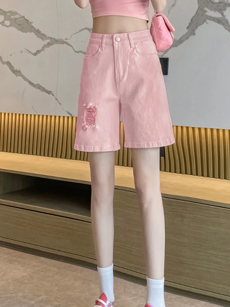 Vintage High Waist Perforated Jeans Loose Straight Crop Pants 2023 Summer New Fashion Women'S Clothing