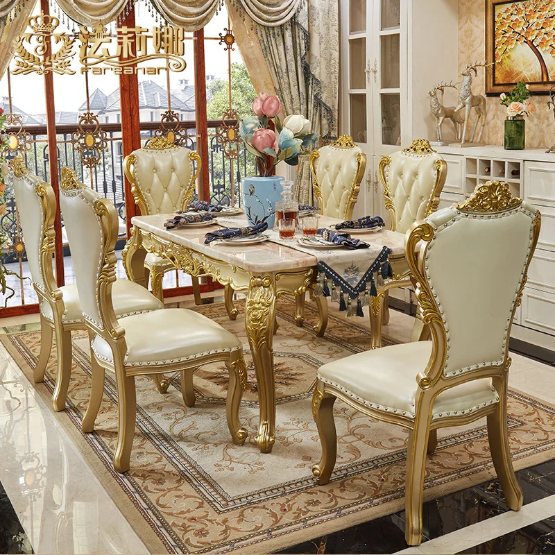 

European marble dining table combination small household dining table champagne gold rectangular solid wood dining table