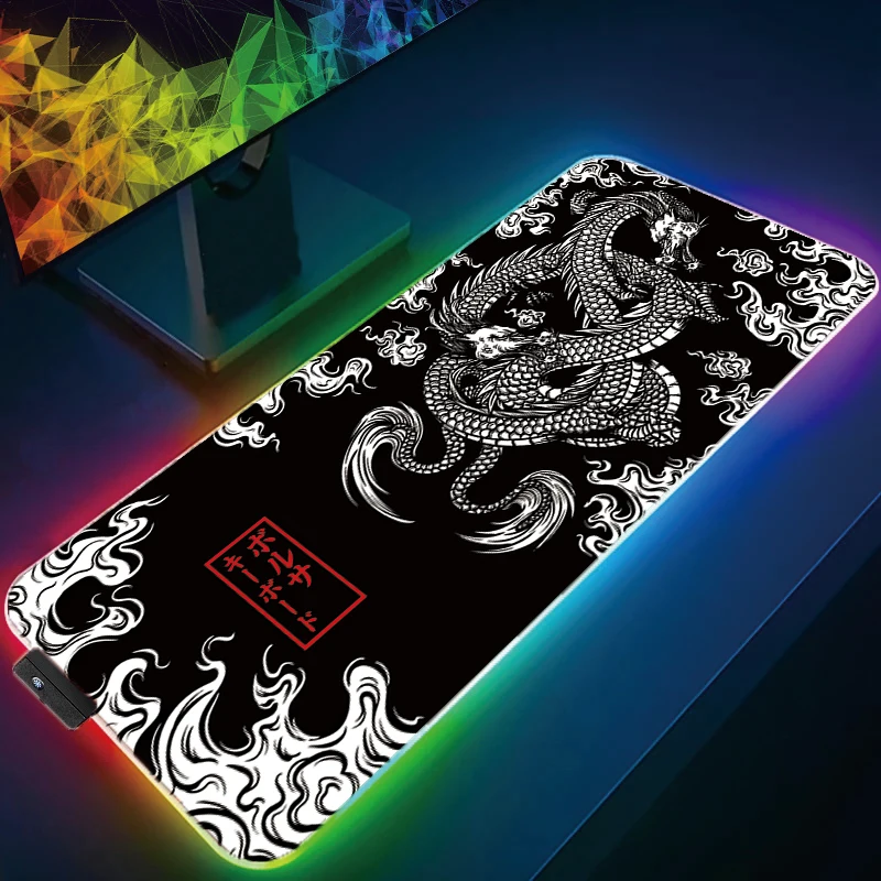 Фото Коврик для мыши со светодиодной подсветкой RGB, ПК, компьютер, геймер, игровой коврик для мыши, клавиатура, настольный коврик, японский дракон, вишневый цвет, аниме, шестигранный ковер №1