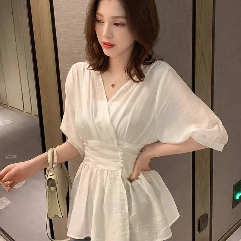 

2022 New Summer Women Casual Half Sleeve Sexy Elastic Blouse Tops Female Loose V-Neck Beach Fashion Ruffles Shirt Vestidos W41