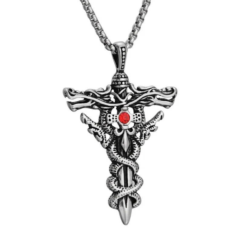 

Vintage Dragon Cross Necklaces Pendants For Men Stainless Steel Silver Color Chain Man Necklace Prayer Punk Jewelry Friend Gifts