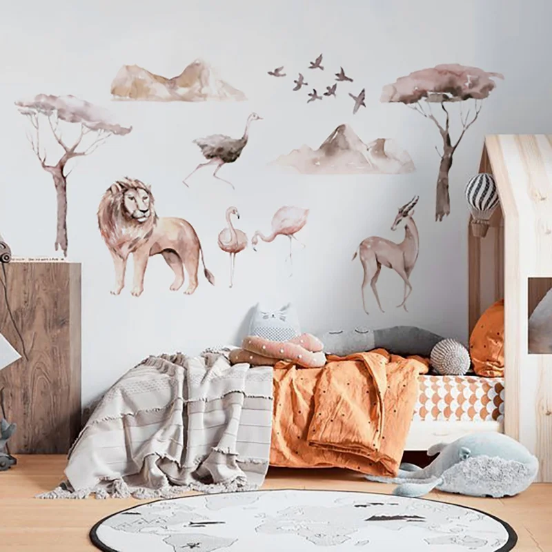 

Cartoon African Animals Lion Ostrich Wall Sticker Watercolor Woodland Animals Wallpaper Mountains Art Decal Kids Room Home Decor