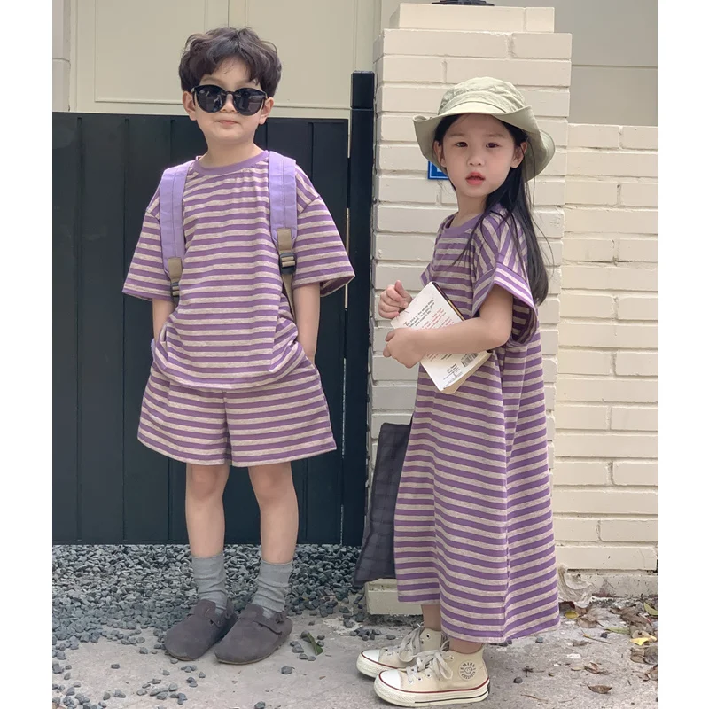 

Mother and Son Clothes Mom Daughter Stripe Dress Sister Brother Matching Outfits Fashion Korean 2023 Sibling Look Boy Kids Sets