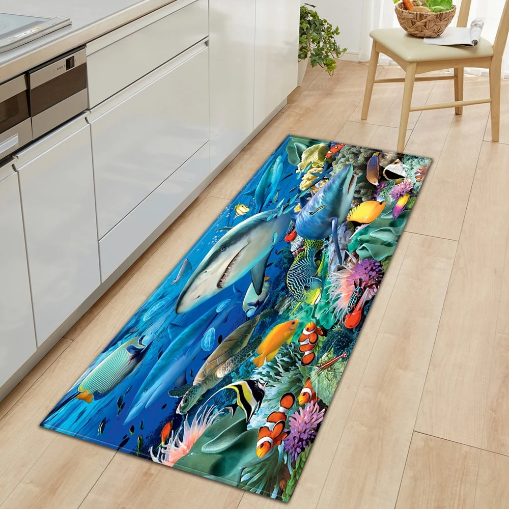

3D Underwater World Printing Kitchen Mat Door Mat Bedroom Floor Decoration Living Room Carpet Non-slip Washable Bathroom Carpet