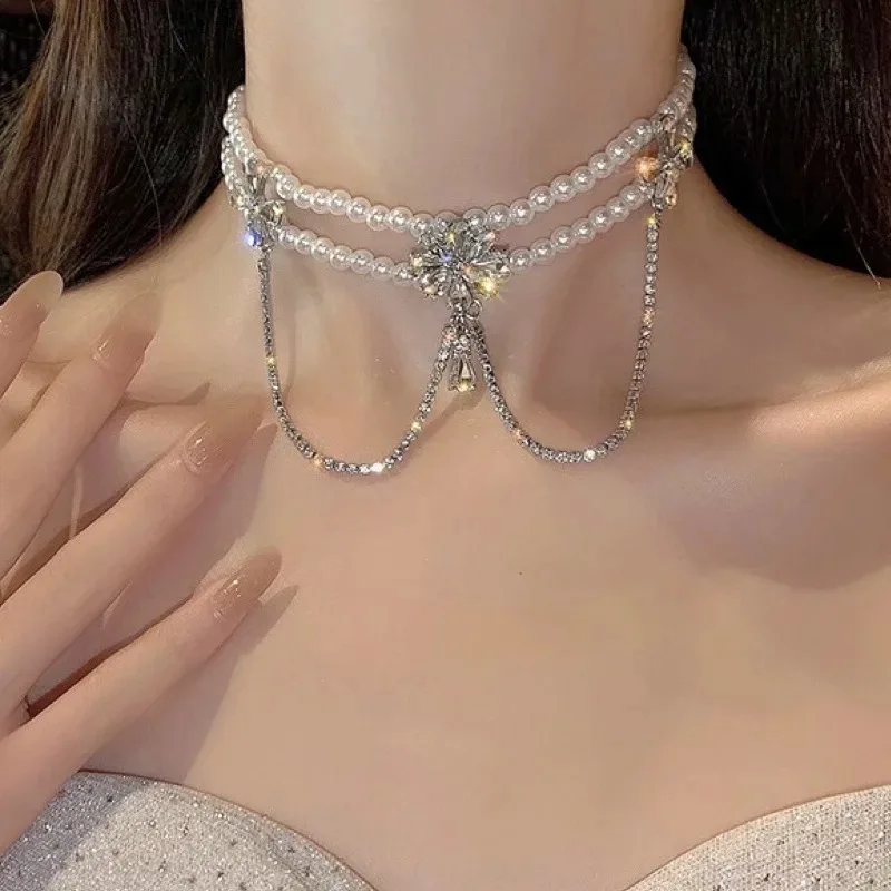 

Baroque Crystal Pearl Tulle Choker Necklace for Women Fashion Chain Vintage Necklaces Female Trend Aesthetic Jewelry Headdress