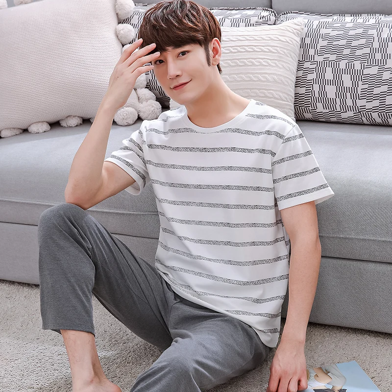 

Free Shipping Men Pajama Sets Big Size L-3XL Short Sleeve O-Neck Sleepwear 2018 New Mens 100% Cotton Pyjama
