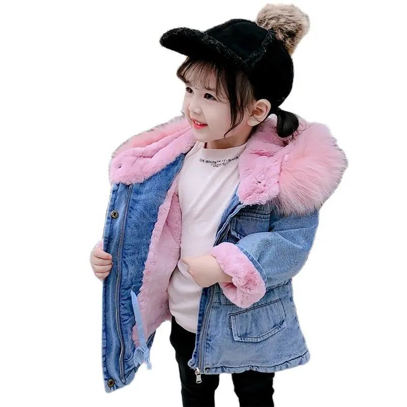 

Winter Toddler Girl Denim Jacket Plus Velvet Fur Hooded Warm Girls Outerwear Parka Coat Baby Thick Coats Kids Clothes 2-7 Years