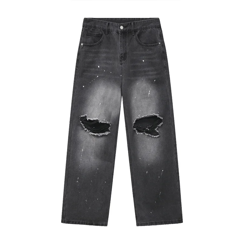 New Products Korean Version Loose Personality Splashed Ink Hole Design Jeans for Men Oversized Retro Lapel Fashion Jeans for Men