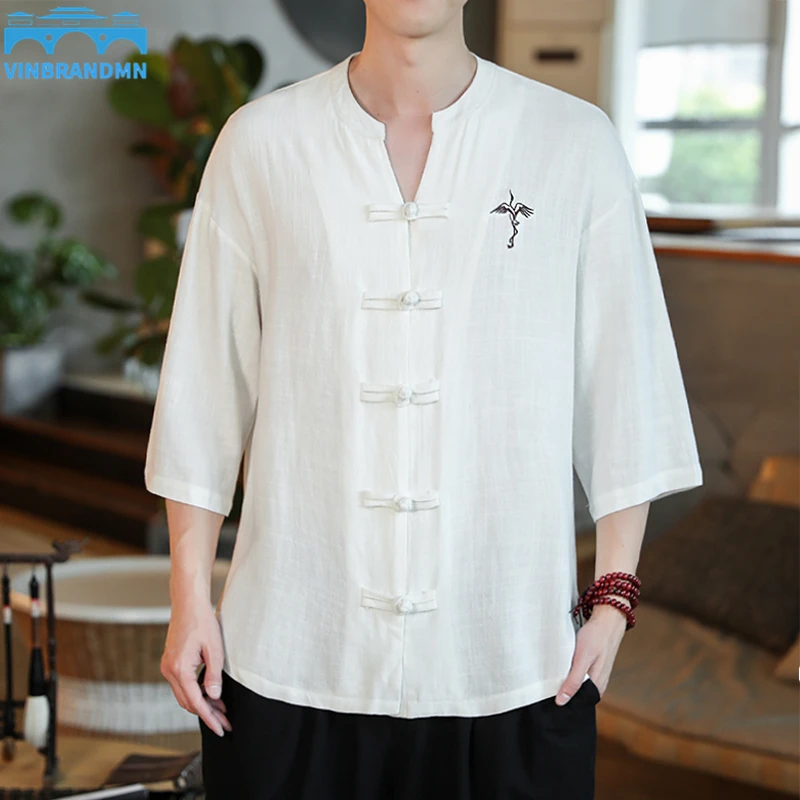 Vinbrandmn Male Chinese Style Shirt Men's Short Sleeve Stand Collar Retro Pan Buckle Tang Costume Zen Hanfu Zhongshan Shirt 5.0