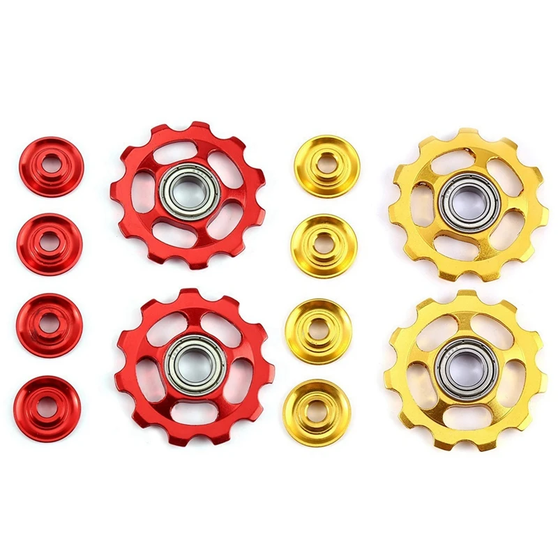 

2Set 11T Bike Ultralight Aluminum Alloy Outdoor Bearing Wheel Rear Derailleur Pulleys Bicycle Parts-Red & Yellow