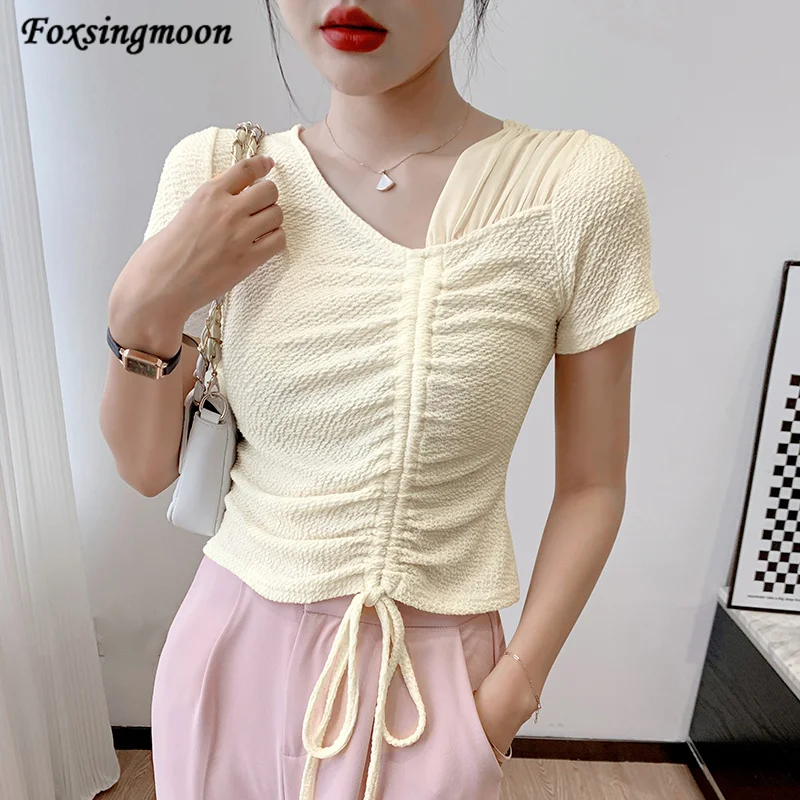 

Women's Slim Casual Base T-Shirt Solid Color Short Sleeve V-Neck Mesh Drawstring Knitted Rib Crop Top 2022 Summer New Tee Shirts