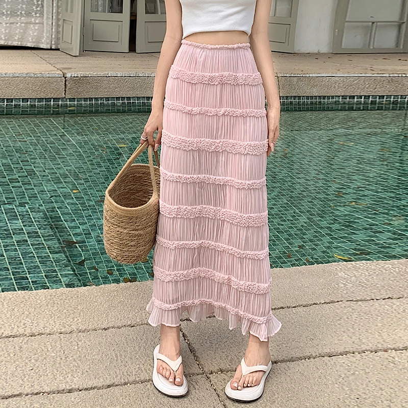 

COIGARSAM Korean Style Summer Women Skirt 2023 Office Lady Brief Solid Pink Black Green Apricot White Cake Skirts