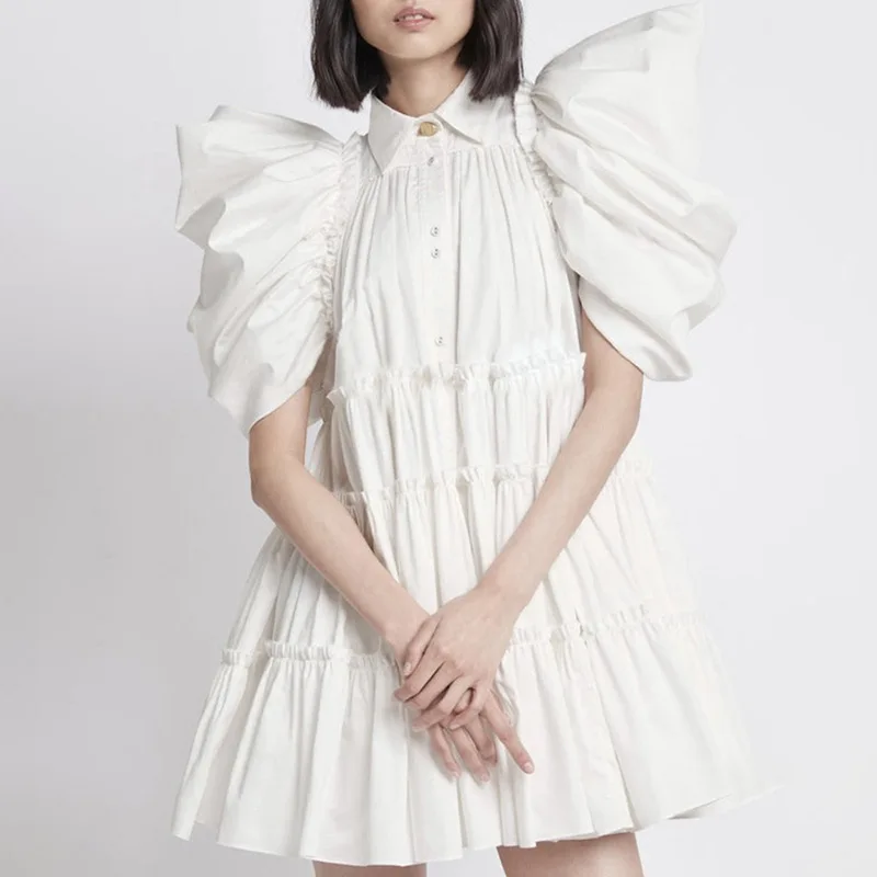 

Brand sense exaggerated bubble sleeve big swing skirt lapel single-row button stitching short women's dress summer 2022