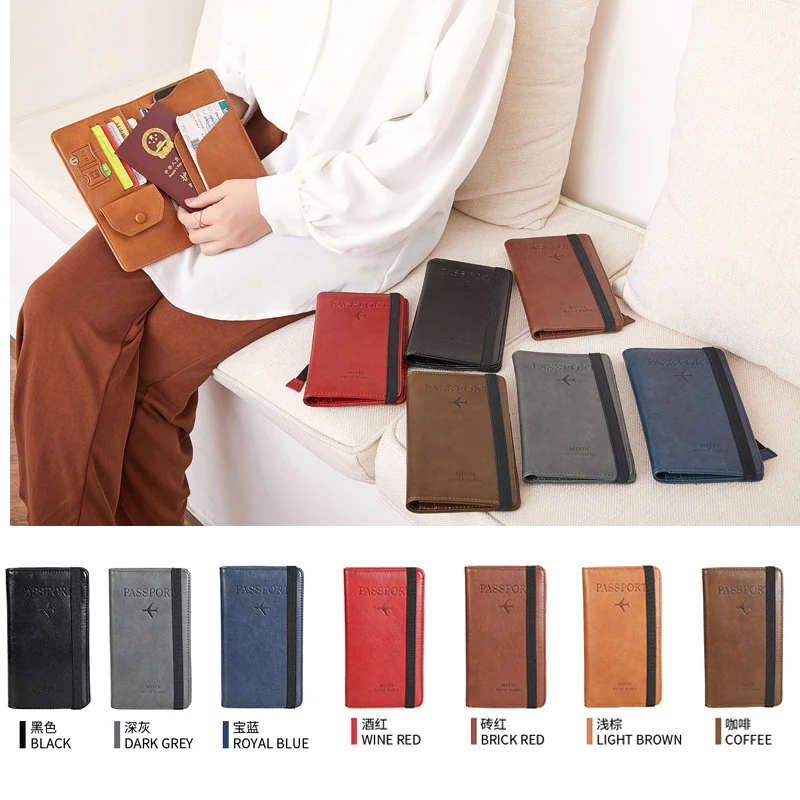 Long Passport Holder Cover Case for Women Men RFID Blocking Leather Family Travel Clutch Purse Phone Holder with Elastic Band